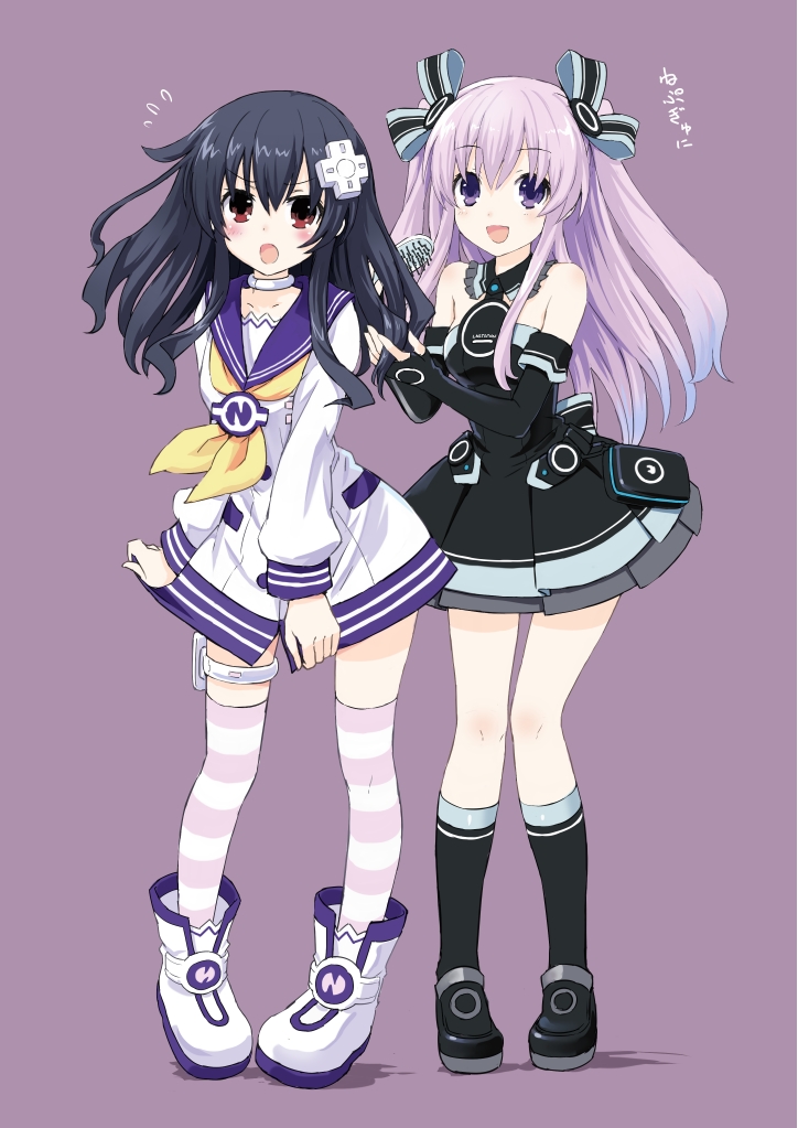 2girls, alternate_hairstyle, bare_shoulders, black_hair, black_legwear, blush, boots, bow, breasts, choker, choujigen_game_neptune, choujigen_game_neptune_mk2, collarbone, cosplay, costume_switch, d-pad, dress, elbow_gloves, flying_sweatdrops, gloves, hair_brush, hair_brushing, hair_ornament, long_hair, multiple_girls, nepgear, nepgear_(cosplay), open_mouth, purple_hair, red_eyes, shiitake_urimo, simple_background, socks, striped, striped_legwear, thigh-highs, thigh_strap, two_side_up, uni_(choujigen_game_neptune), uni_(choujigen_game_neptune)_(cosplay), violet_eyes