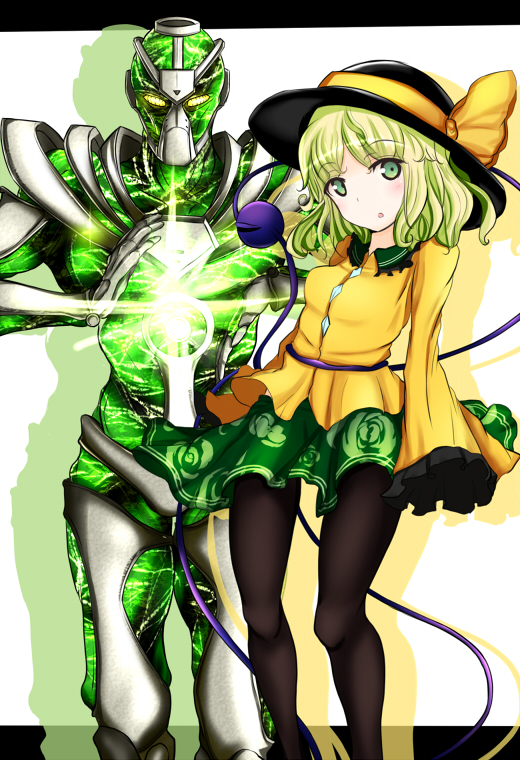 1girl, black_legwear, blush, bow, green_eyes, green_hair, hat, hat_bow