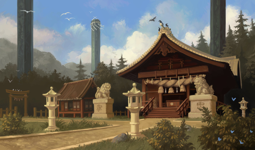 absurdres, architecture, bird, blue_sky, clouds, east_asian_architecture, highres, huge_filesize