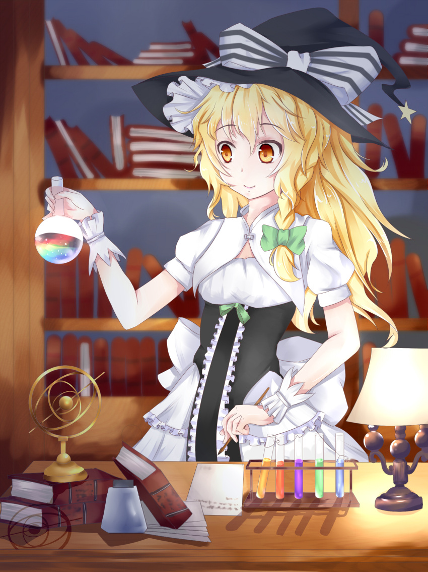 1girl, absurdres, book, bookshelf, bow, braid, desk, detached_collar