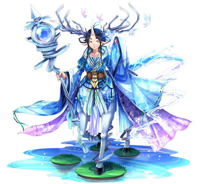 1boy, black_hair, blue_eyes, butterfly, centaur, highres, horn, horns, light_smile, original, pointy_ears, robe, solo, staff, tenyo0819, water