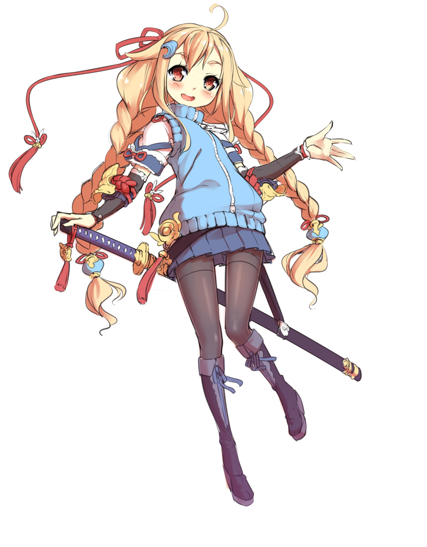 aoi_tsunami, belt, blush, boots, braid, brown_eyes, brown_hair, highres, jacket, knee_boots, long_hair, original, pantyhose, sheath, sheathed, shirt, skirt, sleeveless_coat, smile, sword, thighband_pantyhose, twin_braids, twintails, very_long_hair, waving, weapon