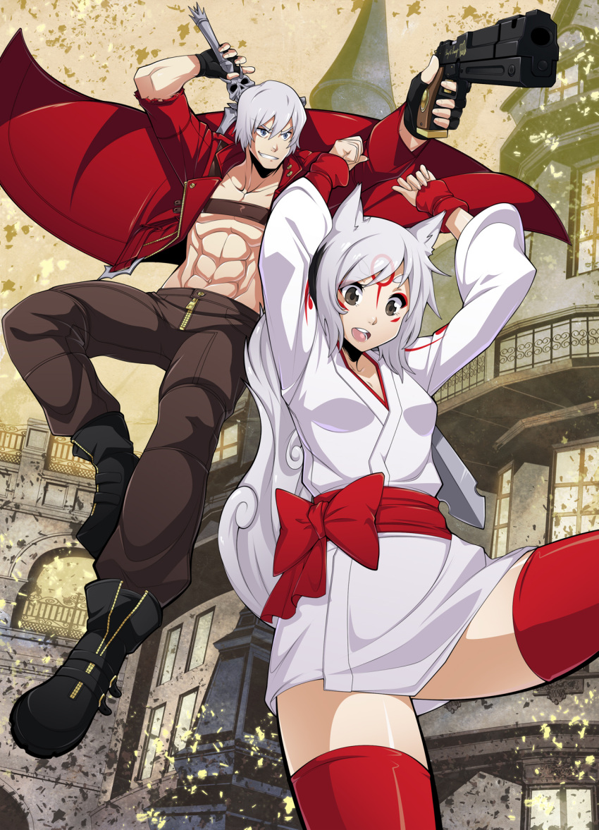 1boy, 1girl, abs, amaterasu, animal_ears, beltbra, brown_eyes, capcom