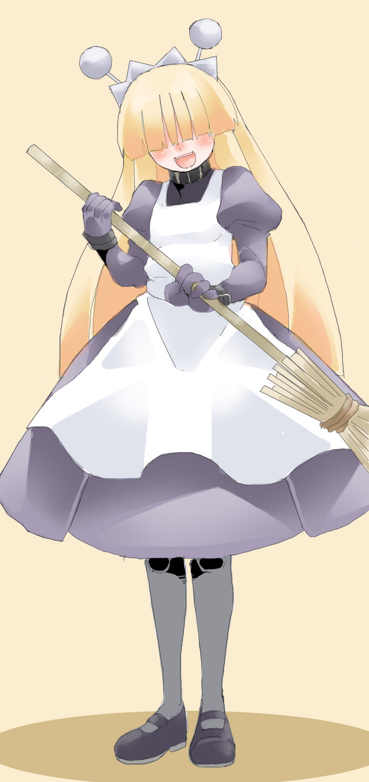 1girl, android, antennae, apron, blonde_hair, broom, dress, full_body