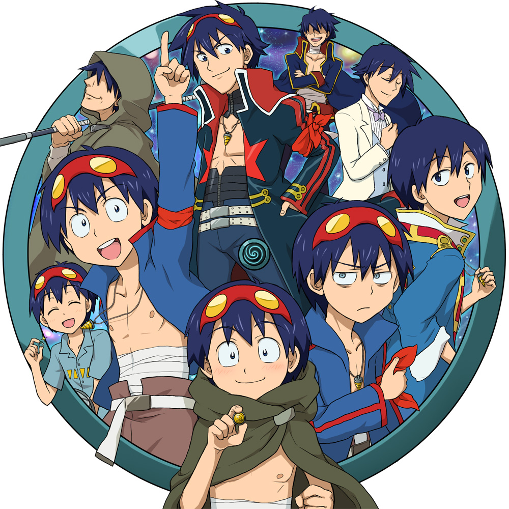 age_progression, blue_hair, cloak, garlock_simon, goggles, goggles_on_head, multiple_persona, old