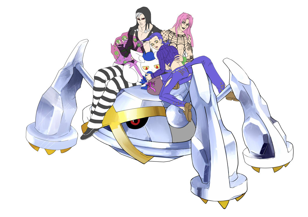 3boys, crossover, diavolo, esu_(b_r9), jojo_no_kimyou_na_bouken, meowstic, metagross, multiple_boys, pokemon, pokemon_(creature), pokemon_(game), pokemon_xy, risotto_nero, spiritomb, vinegar_doppio