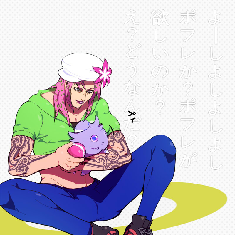1boy, black_lipstick, crossover, diavolo, espurr, esu_(b_r9), flower, hat, hat_flower, jojo_no_kimyou_na_bouken, lipstick, long_hair, makeup, midriff, pink_hair, pokemon, pokemon_(creature), pokemon_(game), pokemon_xy, tattoo