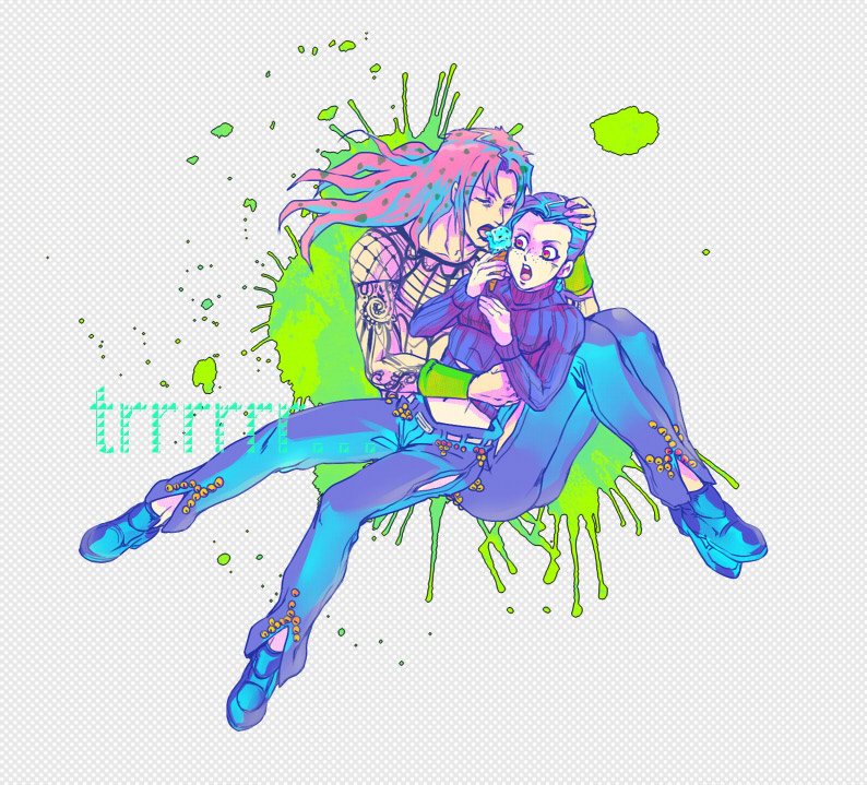 2boys, blue_hair, diavolo, esu_(b_r9), food, ice_cream, jojo_no_kimyou_na_bouken, multicolored_hair, multiple_boys, pink_hair, purple_hair, two-tone_hair, vinegar_doppio