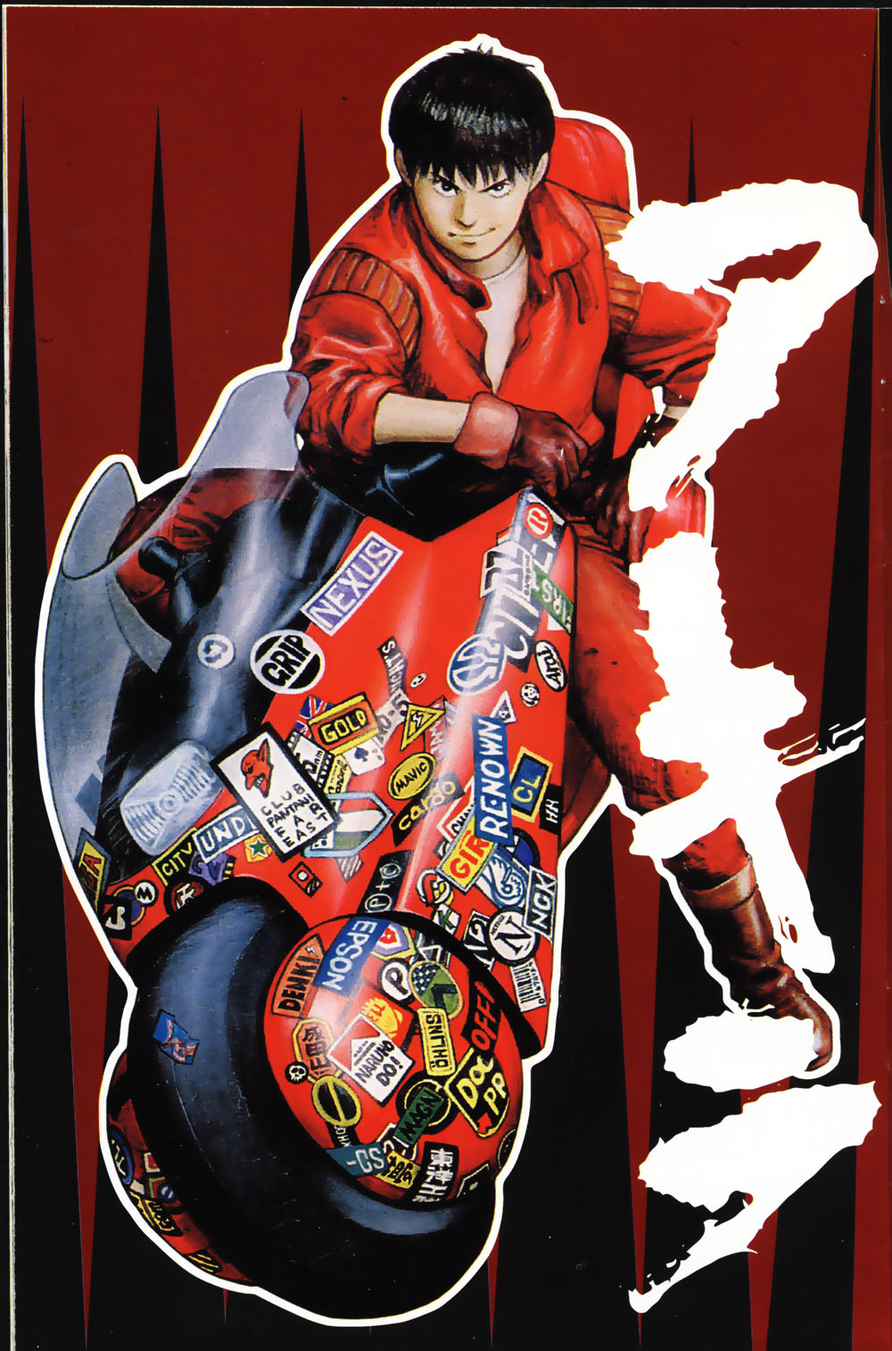 1boy, akira, black_hair, boots, bumper_sticker, gloves, hand_on_hip, hands, highres, jacket, kaneda_shoutarou, motor_vehicle, motorcycle, otomo_katsuhiro, pants, short_hair, solo, vehicle