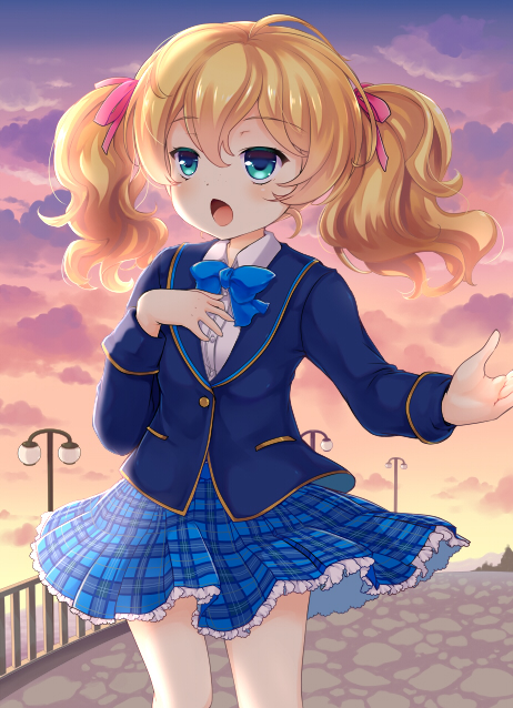 blonde_hair, blue_eyes, blush, girlfriend_(kari), long_hair, night, seifuku, shiratori_shiori