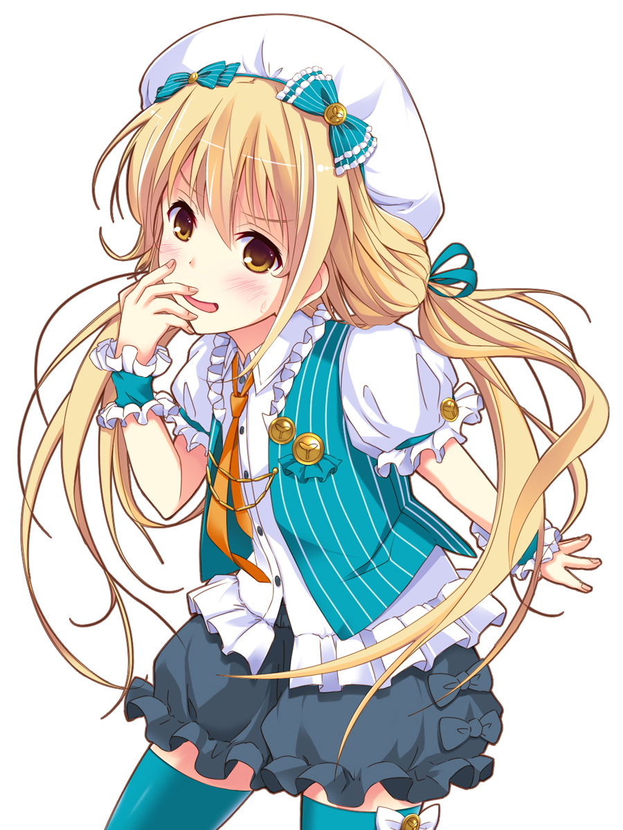 1girl, blonde_hair, blush, brown_eyes, buttons, frills, futaba_anzu, hair_ribbon