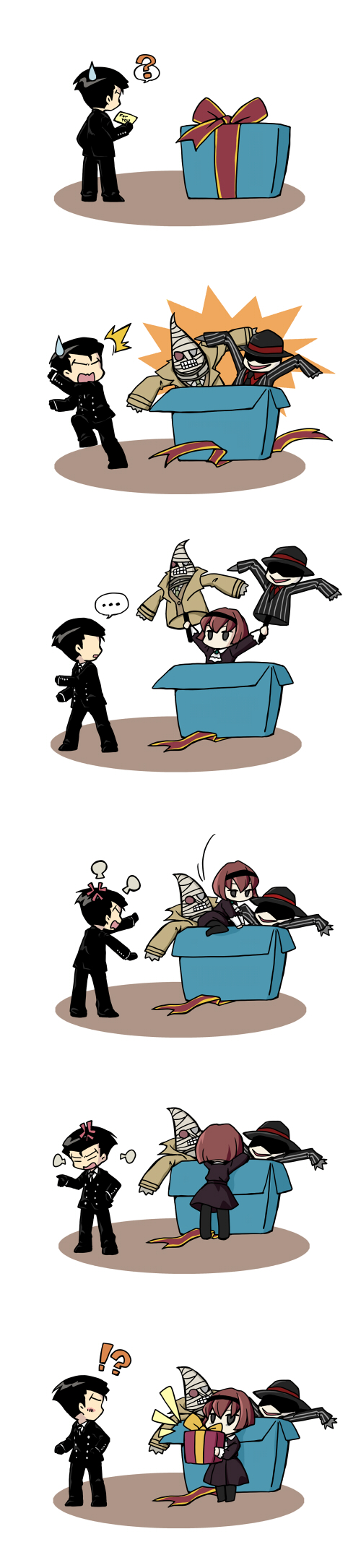 !?, /\/\/\, 1girl, alan_gabriel, anger_vein, bandages, black_gloves, black_suit