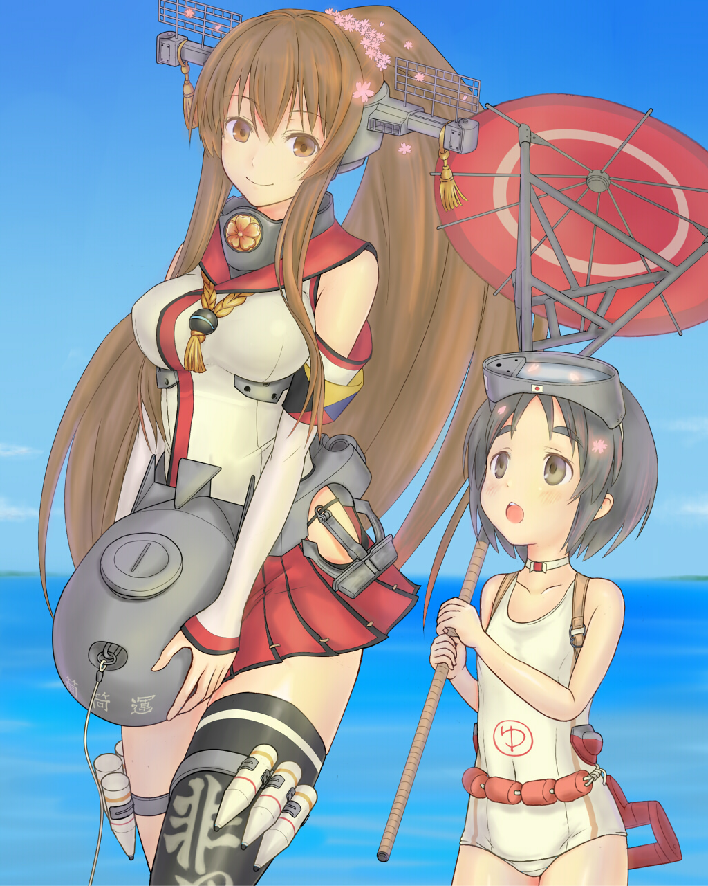 2girls, anchor, black_eyes, black_hair, brown_eyes, brown_hair, detached_sleeves, em_s