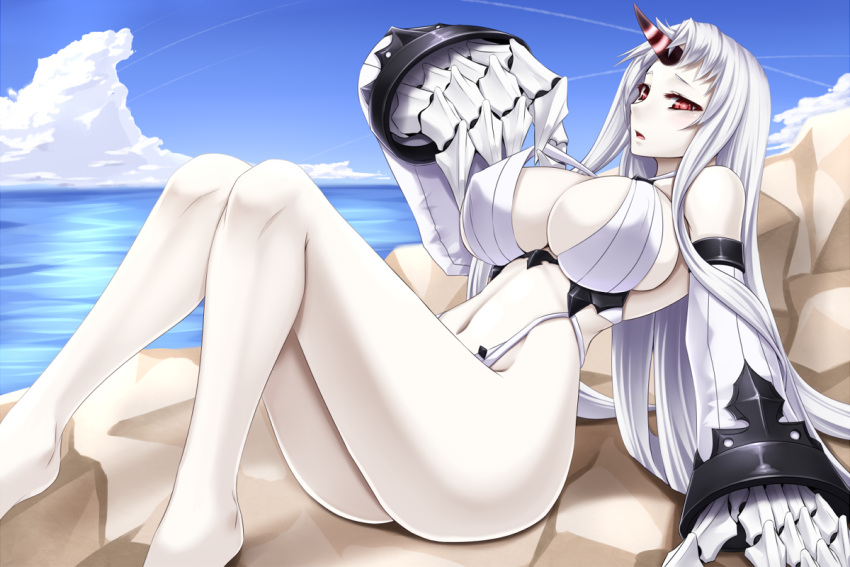 1girl, barefoot, breasts, detached_sleeves, horn, kantai_collection, large_breasts, legs