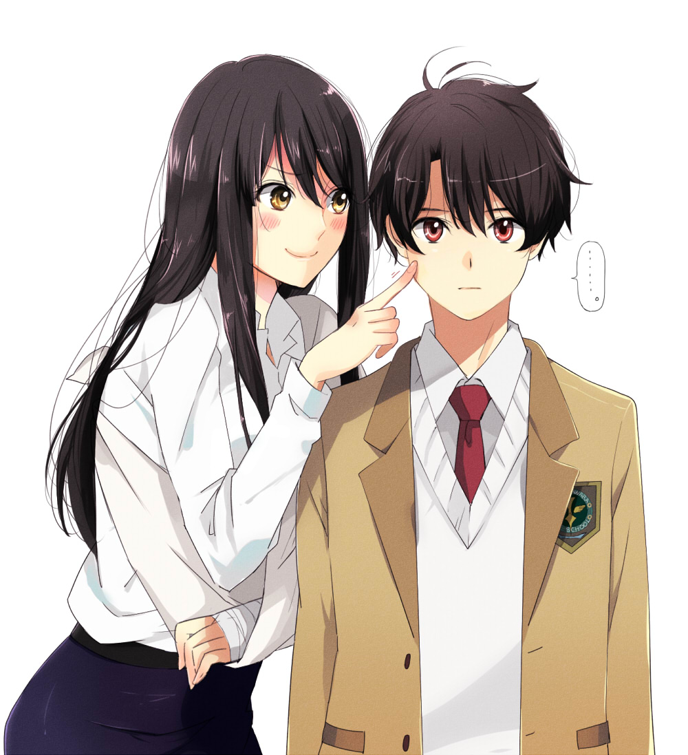 1boy, 1girl, aldnoah.zero, amy26, bandaged_arm, black_hair, blazer, blue_skirt
