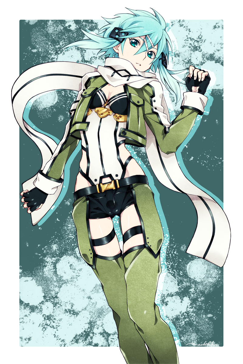 1girl, aqua_eyes, aqua_hair, fingerless_gloves, gloves, highres, machi_fuka, scarf