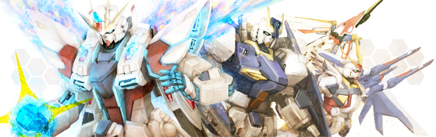 beam_rifle, beginning_gundam, build_gundam_mk_ii, energy_gun, glowing, gundam, gundam_build_fighters, hexagon, highres, mecha, no_humans, star_build_strike_gundam, task_k, wing_gundam, wings
