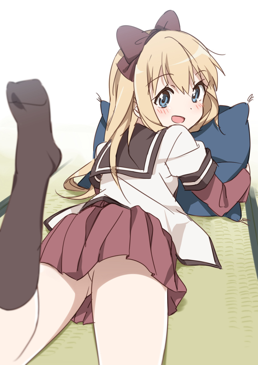 absurdres, blonde_hair, highres, long_hair, mousou_(mousou_temporary), no_panties, pillow, ribbon