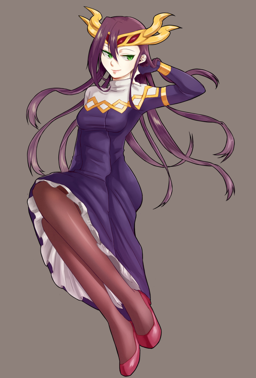 1girl, alpheus, armlet, bracer, brown_background, brown_legwear, dress, female, frilled_dress, frills, full_body, genderswap, green_eyes, hand_in_hair, headpiece, high_heels, highres, horned_headwear, jitome, knees_together_feet_together, knees_touching, lips, loki_(p&amp;d), long_hair, long_sleeves, pantyhose, purple_dress, purple_hair, puzzle_&amp;_dragons, simple_background, smile, solo