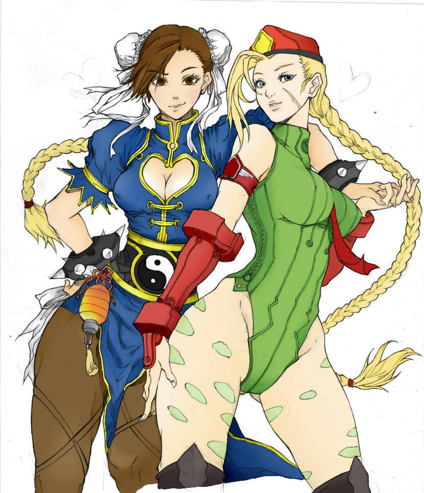 2girls, ahoge, armband, beret, blonde_hair, blue_eyes, bracelet, breasts, brown_eyes, brown_hair, cammy_white, china_dress, chinese_clothes, chun-li, cleavage, cleavage_cutout, collaboration, colored, contrapposto, elbow_gloves, fingerless_gloves, gloves, hand_on_hip, hat, holding_hands, huge_ahoge, interlocked_fingers, jewelry, kenshjn_park, leotard, multiple_girls, over-kneehighs, pantyhose, puffy_short_sleeves, puffy_sleeves, ribbed_leotard, short_sleeves, spiked_bracelet, spikes, street_fighter, t1gress, thigh-highs, yin_yang