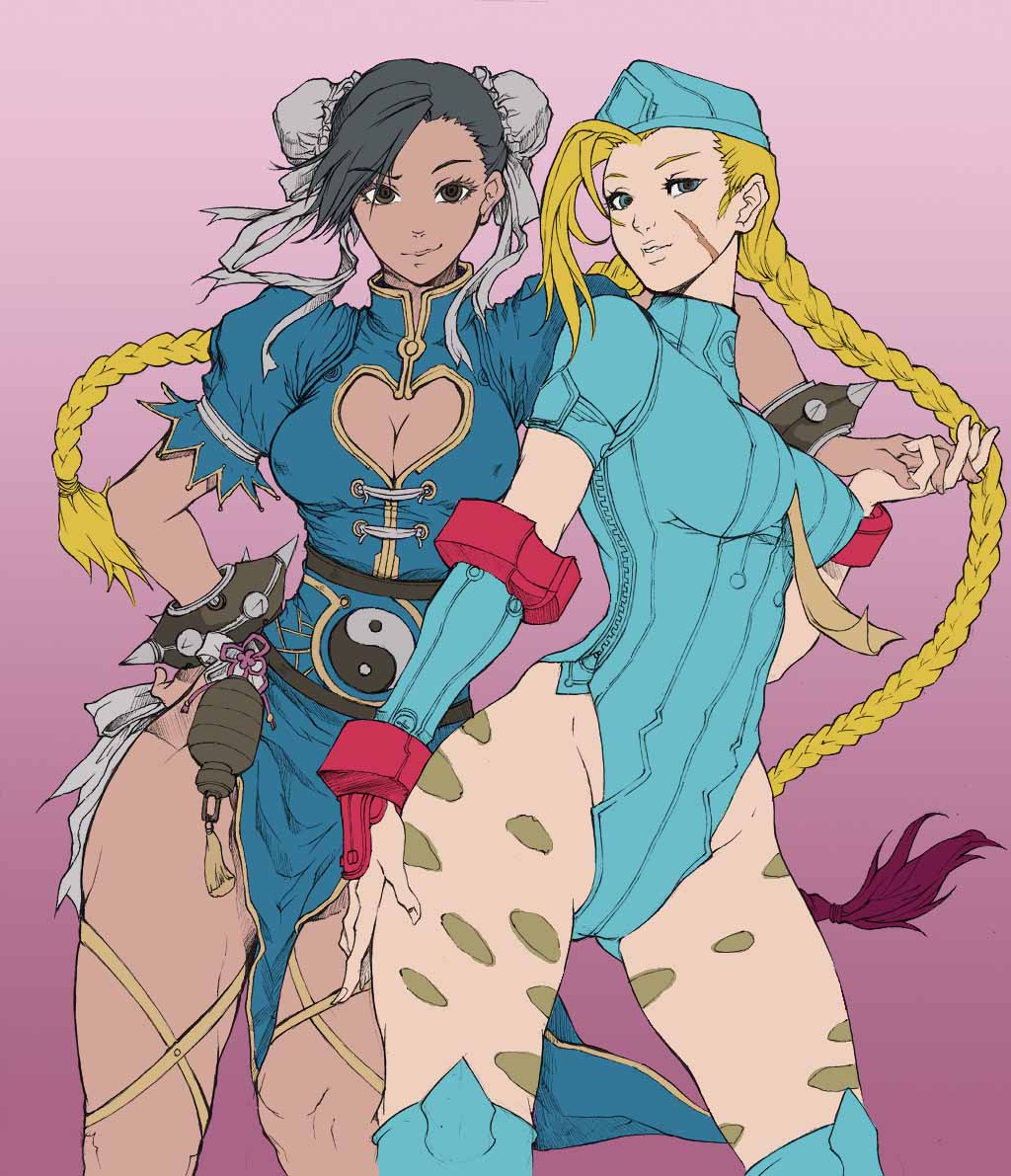 2girls, ahoge, alternate_costume, beret, between_breasts, black_hair, blonde_hair, blue_eyes, bracelet, braid, breasts, cammy_white, china_dress, chinese_clothes, chun-li, cleavage, cleavage_cutout, colored, contrapposto, dark_skin, fingerless_gloves, flat_color, gloves, hand_on_hip, hat, holding_hands, huge_ahoge, interlocked_fingers, jewelry, kenshjn_park, leotard, long_hair, looking_at_viewer, modern_maverick, multiple_girls, necktie, necktie_between_breasts, over-kneehighs, puffy_short_sleeves, puffy_sleeves, ribbed_leotard, ribbon, scar, short_sleeves, spiked_bracelet, spikes, street_fighter, street_fighter_zero, thigh-highs, thigh_ribbon, twin_braids, yin_yang