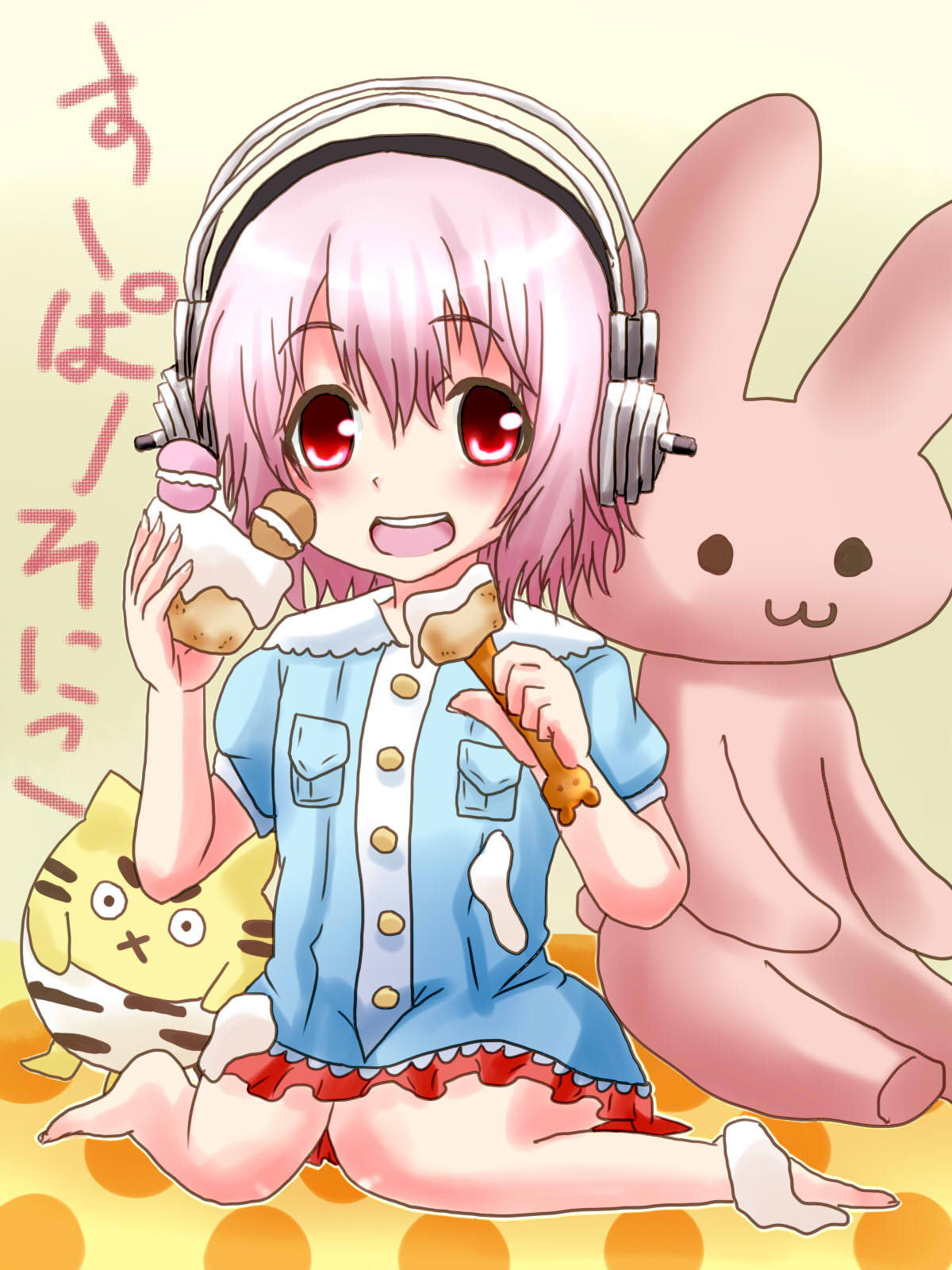 ayukazu, barefoot, blush, cake, eating, food, headphones, highres