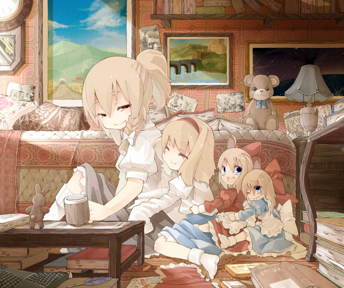 2girls, ^_^, alice_margatroid, alice_margatroid_(pc-98), alternate_hairstyle, apron, black_dress, blonde_hair