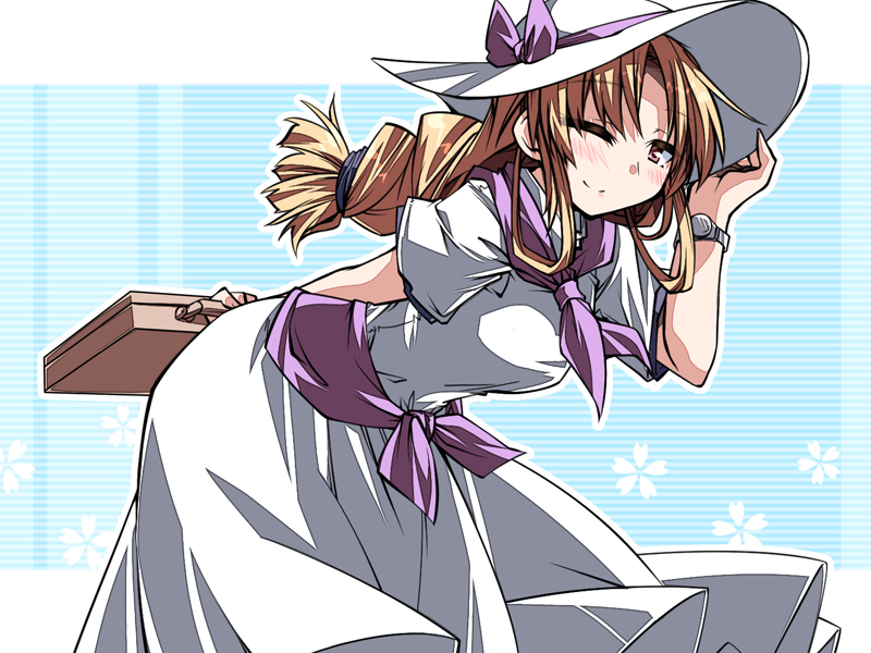 1girl, bent_over, blonde_hair, bow, braid, brown_eyes, dress, hat