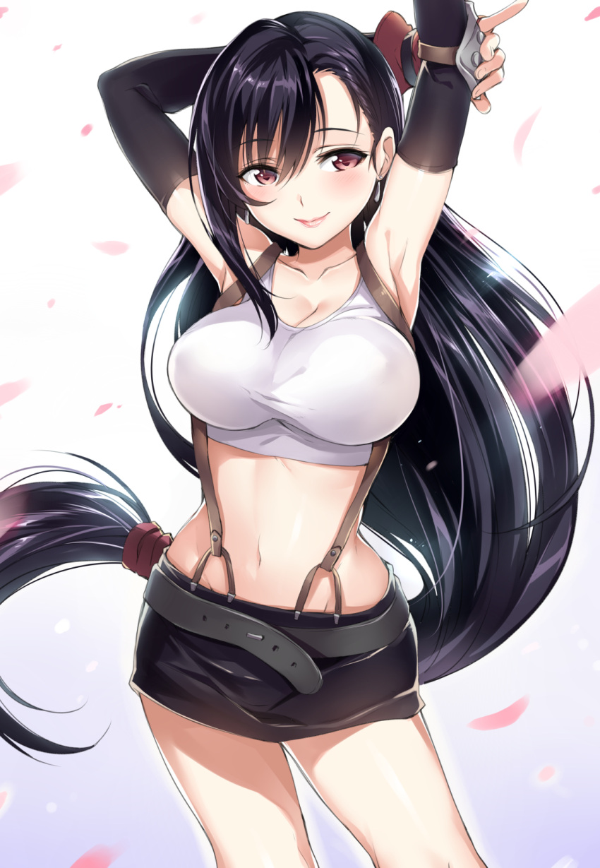 1girl, armpits, arms_up, black_hair, breasts, cleavage, crop_top, earrings, elbow_gloves, final_fantasy, final_fantasy_vii, fingerless_gloves, gan_(shanimuni), gloves, highres, jewelry, large_breasts, lips, long_hair, low-tied_long_hair, midriff, miniskirt, mound_of_venus, navel, ponytail, red_eyes, skirt, smile, solo, suspenders, tifa_lockhart