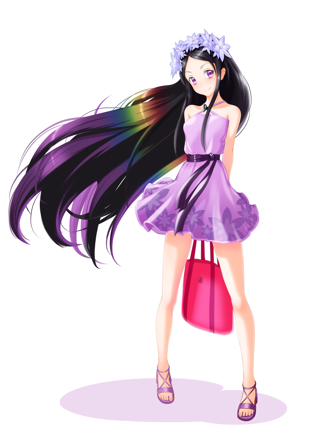 1girl, bare_shoulders, black_hair, dress, flower, flower_on_head, highres, long_hair