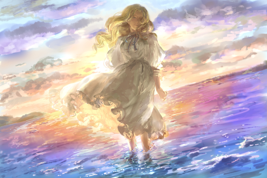 1girl, arm_grab, arms_behind_back, blonde_hair, clouds, dress, dutch_angle, evening