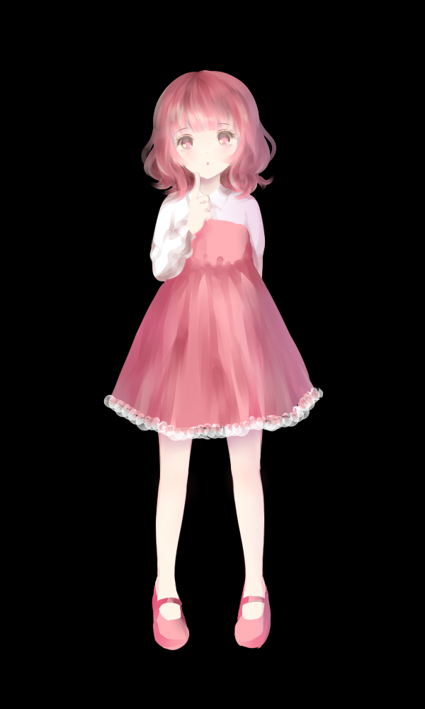 1girl, black_background, blush, dreaming_mary, dress, long_sleeves, mary_(dreaming_mary), mary_janes, ottmi, pink_eyes, pink_hair, shoes, short_hair, solo
