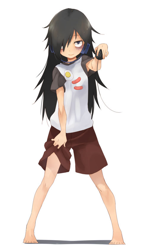 1girl, akaume, bags_under_eyes, barefoot, black_hair, computer_mouse, flat_chest, green_eyes, half-closed_eyes, headphones, kuroki_tomoko, long_hair, messy_hair, shorts, solo, t-shirt, watashi_ga_motenai_no_wa_dou_kangaetemo_omaera_ga_warui!