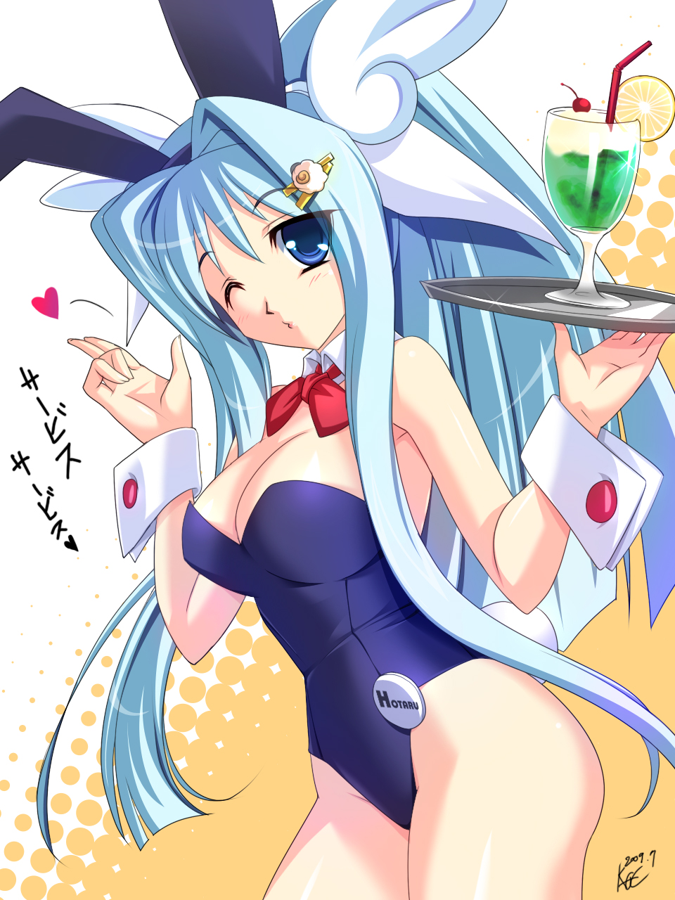 1girl, animal_ears, blue_eyes, blue_hair, bowtie, bunny_tail, bunnysuit, character_request