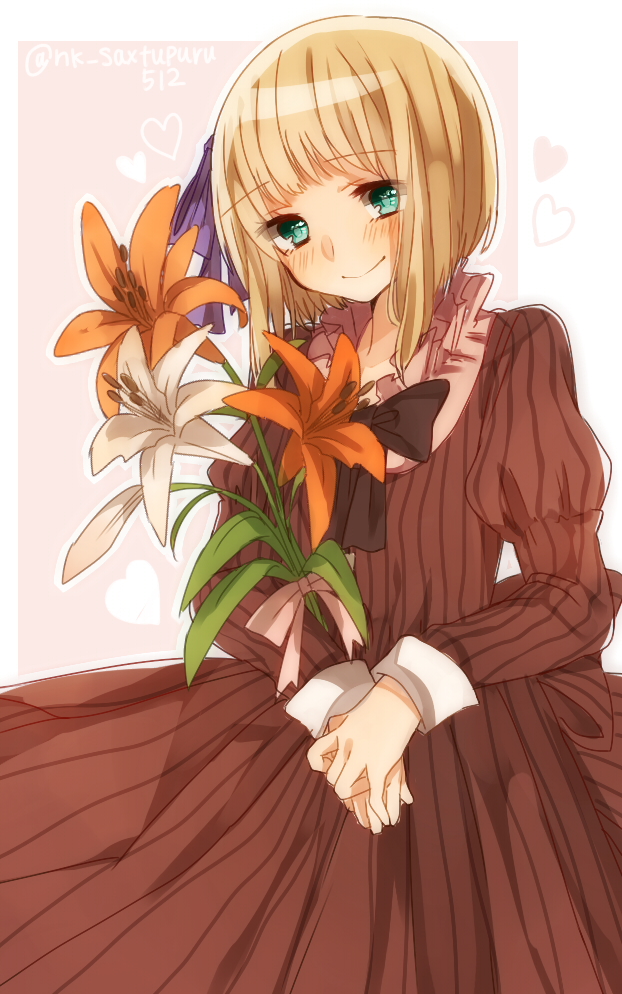1girl, aqua_eyes, axis_powers_hetalia, black_bow, blonde_hair, blush, bow, dress