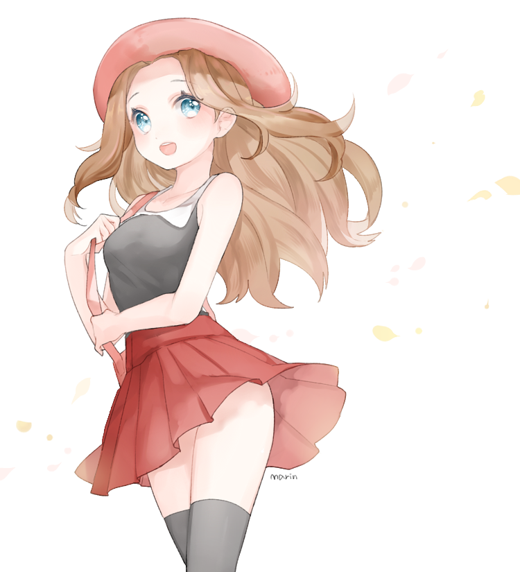 1girl, bag, black_legwear, blonde_hair, blue_eyes, blush, hat, long_hair
