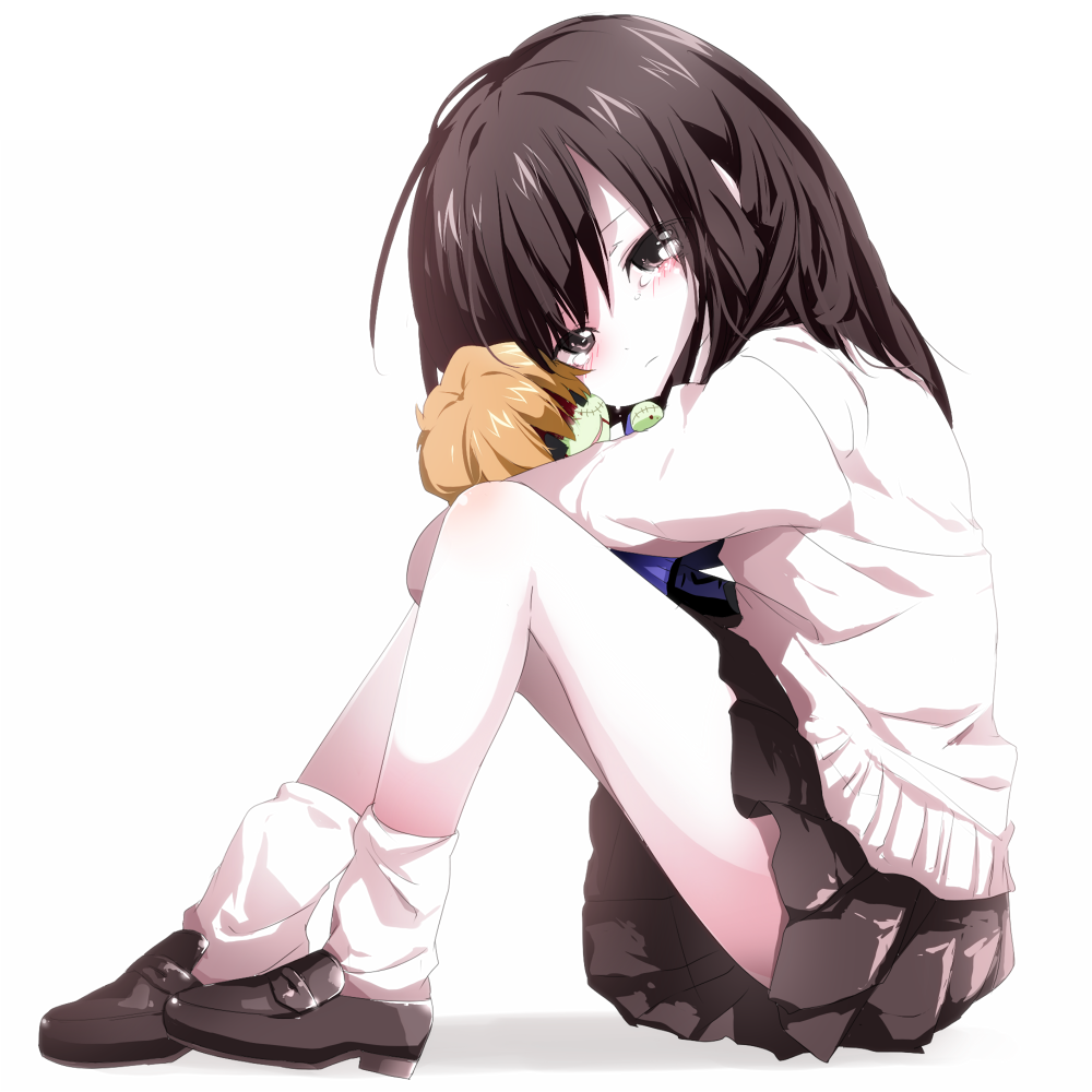 1girl, bangs, black_eyes, black_hair, black_skirt, blush, character_doll, crying