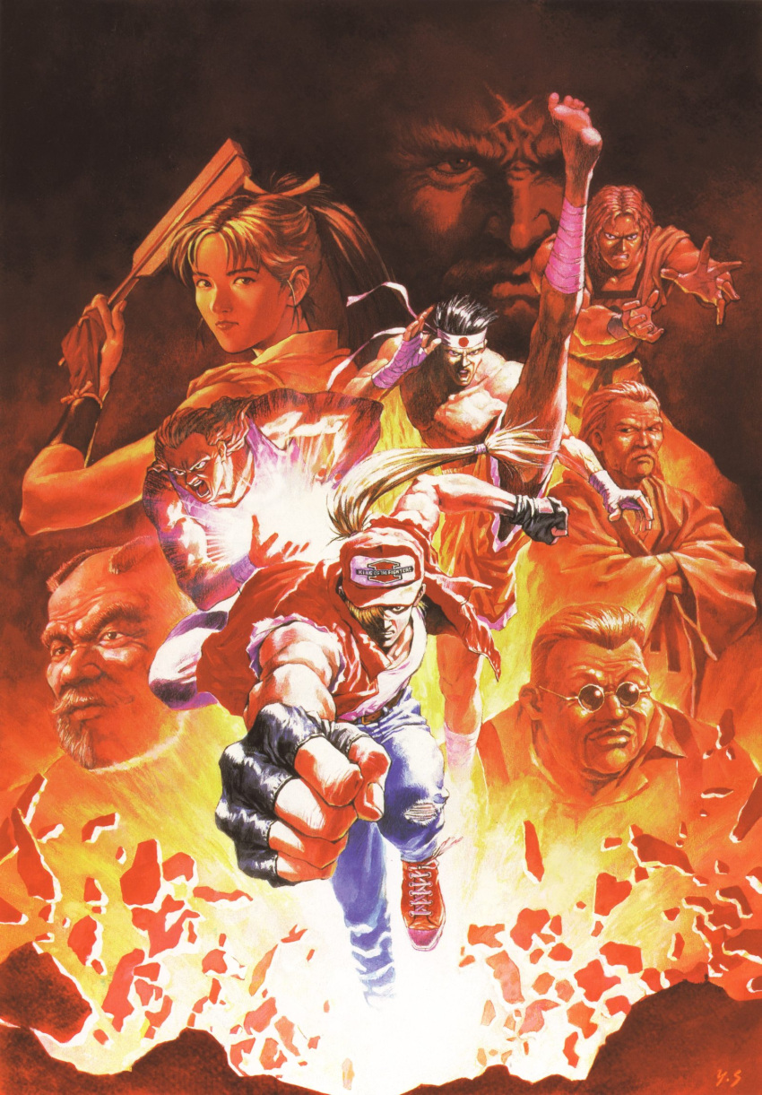 1girl, 8boys, andy_bogard, big_bear, black_hair, blonde_hair, cheng_sinzan, denim
