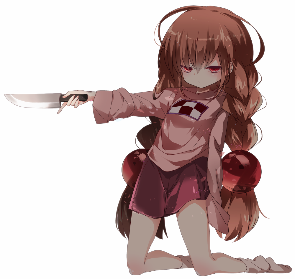 1girl, alternate_hair_length, alternate_hair_ornament, alternate_hairstyle, bangs, big_hair, braid, brown_hair, emam_0201, expressionless, full_body, hair_between_eyes, holding_knife, kitchen_knife, kneeling, knife, long_hair, long_sleeves, loose_socks, madotsuki, red_eyes, simple_background, skirt, sleeves_past_wrists, socks, solo, sweater, tsurime, twin_braids, very_long_hair, white_background, yume_nikki