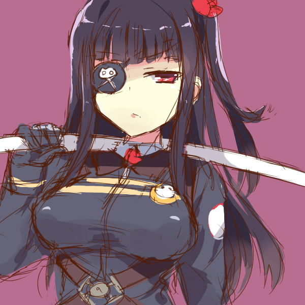 1girl, black_hair, breasts, eyepatch, kazuki_marina, large_breasts, long_hair, over_shoulder, purple_background, red_eyes, sekai_seifuku:_bouryaku_no_zvezda, shikabane_itsuka, side_ponytail, simple_background, sketch, solo, sword, sword_over_shoulder, weapon, weapon_over_shoulder