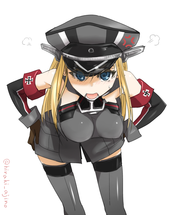 1girl, anger_vein, armband, bismarck_(kantai_collection), blonde_hair, blue_eyes, blush, breasts, elbow_gloves, gloves, grey_legwear, hands_on_hips, hat, hiraki_ajino, iron_cross, kantai_collection, leaning, leaning_forward, long_hair, looking_at_viewer, military, military_uniform, open_mouth, peaked_cap, personification, scolding, simple_background, solo, sweatdrop, thigh-highs, uniform, white_background, zettai_ryouiki