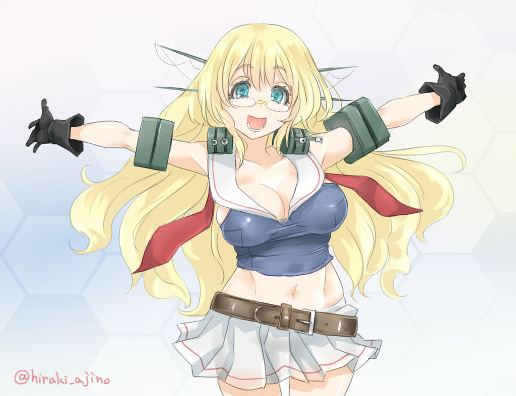 1girl, :d, armlet, atago_(kantai_collection), bare_shoulders, belt, bespectacled, black_gloves