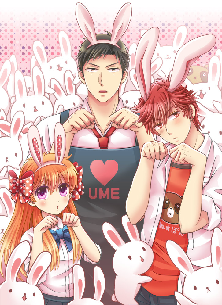 1girl, 2boys, apron, blue_ribbon, bunny_hair_ornament, earrings, eriyama, gekkan_shoujo_nozaki-kun