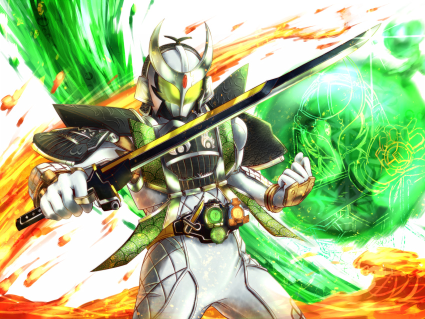 1boy, belt, food, fruit, gunblade, helmet, highres, jinbaori, kamen_rider, kamen_rider_gaim_(series), kamen_rider_zangetsu, lock_seed, male, melon, nomayo, solo, sword, weapon
