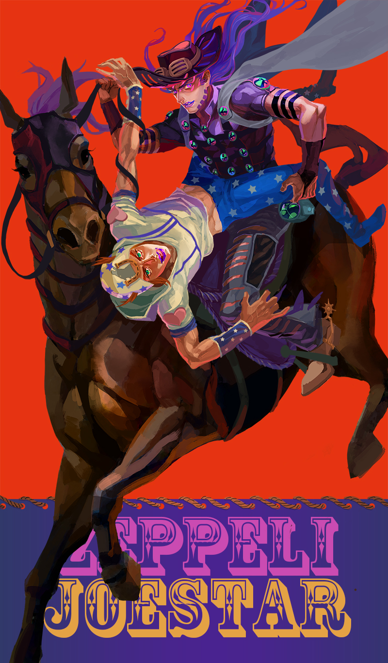 2boys, blonde_hair, cape, csc, gyro_zeppeli, hat, highres, horse