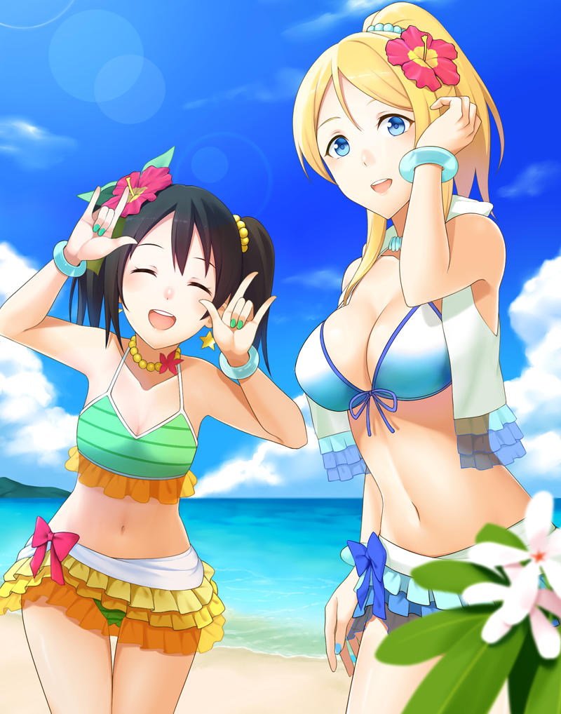 2girls, \n/, ayase_eli, beach, bikini, bikini_skirt, black_hair, blonde_hair