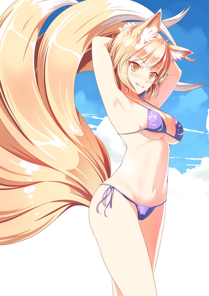 1girl, animal_ears, armpits, arms_ai, arms_up, bikini, blonde_hair, breasts
