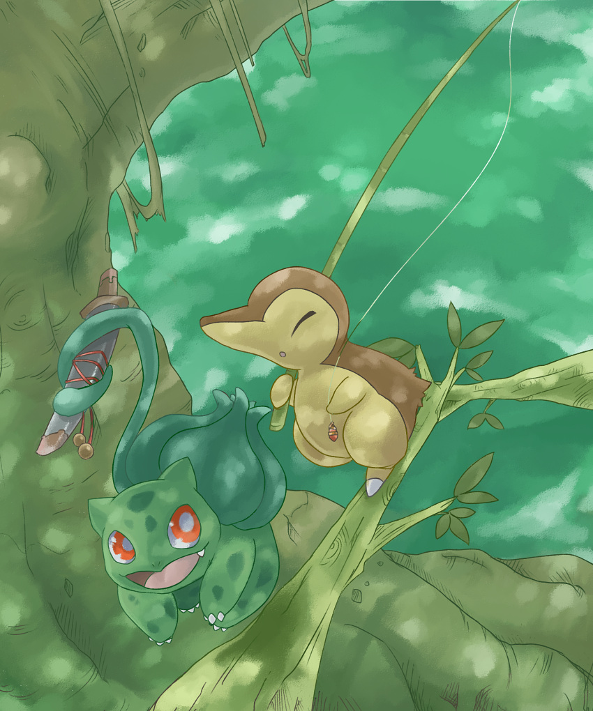 bulbasaur, cyndaquil, fishing_rod, highres, knife, no_humans, pokemon, pokemon_(creature), red_eyes, samidaro, tree, water