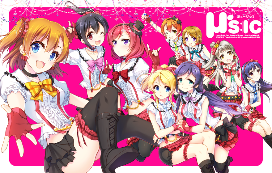 6+girls, \m/, arm_up, ayase_eli, black_hair, black_legwear, blonde_hair, blue_eyes, blue_hair, boots, brown_hair, choker, double, fingerless_gloves, gloves, gunp, hoshizora_rin, koizumi_hanayo, kousaka_honoka, long_hair, love_live!_school_idol_project, minami_kotori, multiple_girls, nishikino_maki, one_eye_closed, open_mouth, orange_hair, purple_hair, redhead, short_hair, short_twintails, side_ponytail, silver_hair, skirt, smile, sonoda_umi, thigh-highs, toujou_nozomi, twintails, violet_eyes, yazawa_nico