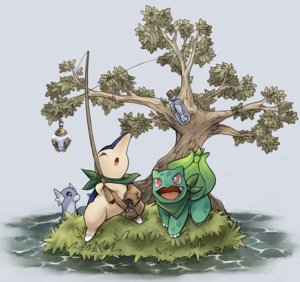 bottle, bulbasaur, cyndaquil, dratini, fishing_rod, grass, island, message_in_a_bottle
